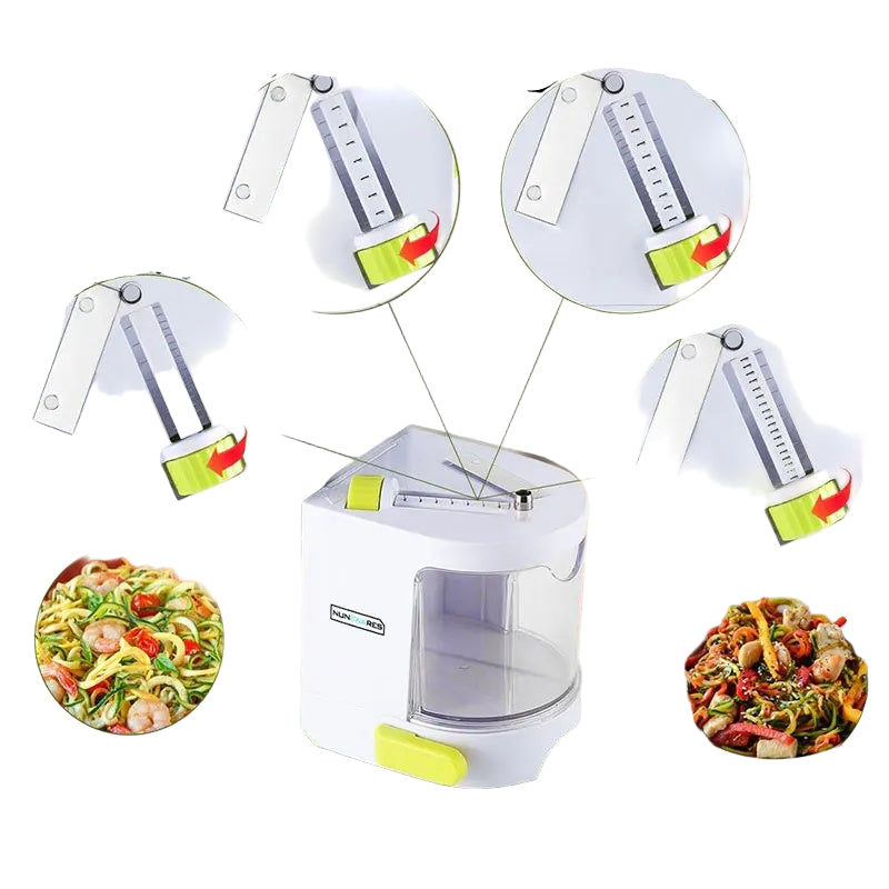 Vegetable chopper with adjustable blades and examples of chopped vegetables.