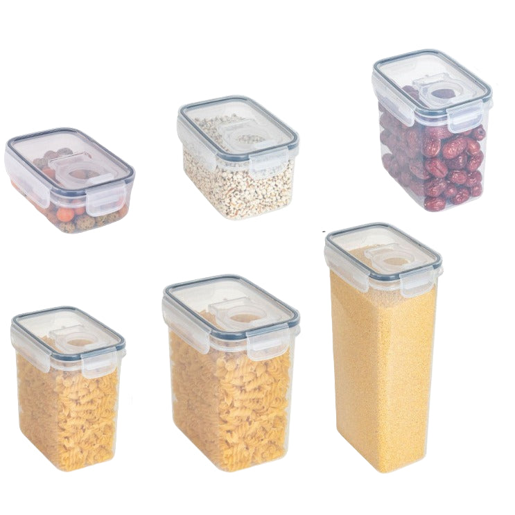 Set of food storage containers with measurements on a white background