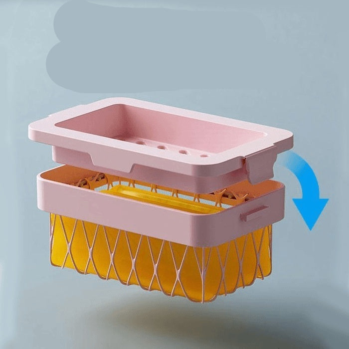 Pink and yellow device with a large snap button on a light blue background