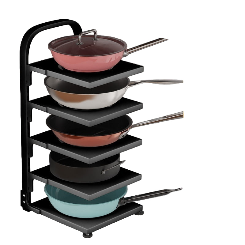 Black five-layer kitchen pan organizer with pots and pans on a marble countertop