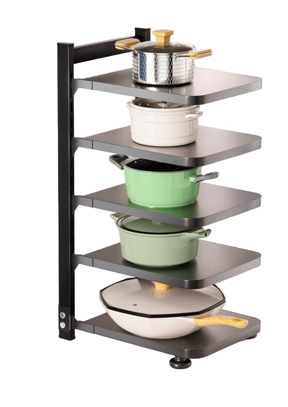 Corner kitchen storage rack with pots and pans on a white cabinet background