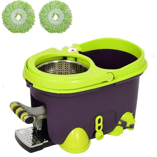 Purple and green spin mop with two green mop heads on a white background