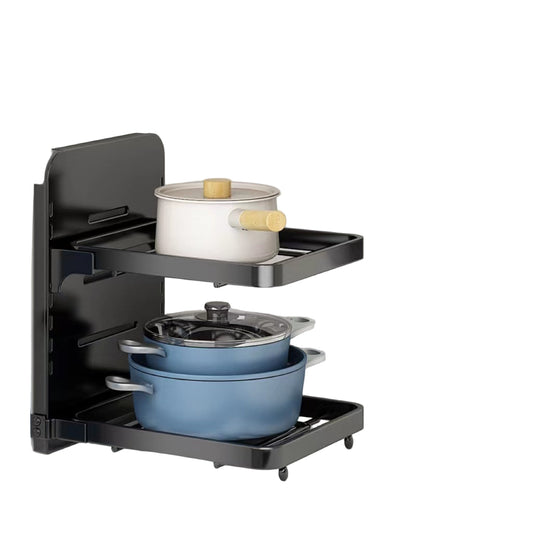 Corner kitchen storage rack with pots and pans inside, featuring Wüsthof branding.