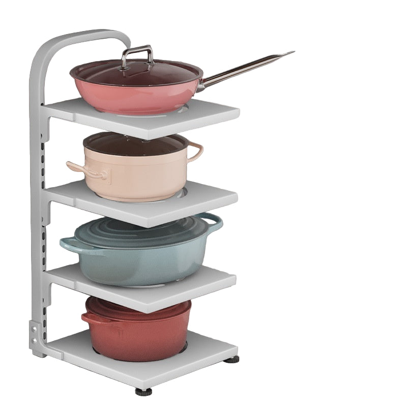 Four-layer kitchen storage rack with pots on a marble countertop, featuring adjustable feet and applicable scenarios.