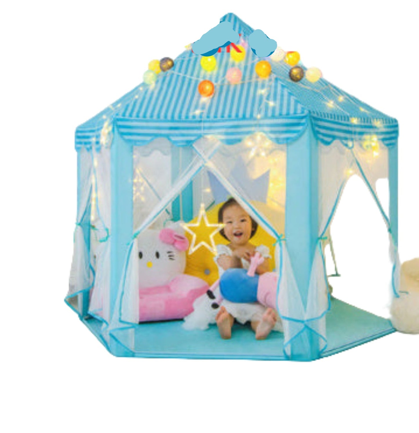 Child playing inside a blue play tent with silk wool pad on a bed.