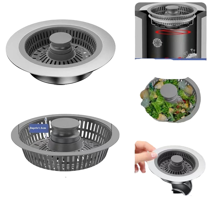 Anti-odor and anti-clogging sink filter with dimensions and usage examples.
