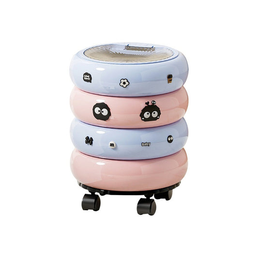 Stackable children's stools in pastel colors with cartoon faces on a white background