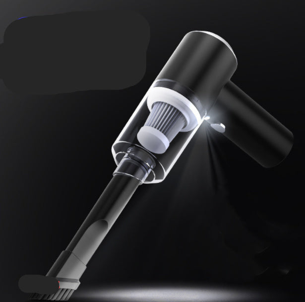 Black handheld vacuum cleaner with power specifications on a dark background