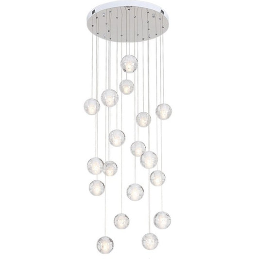 Modern pendant light with multiple spherical glass shades on a white background