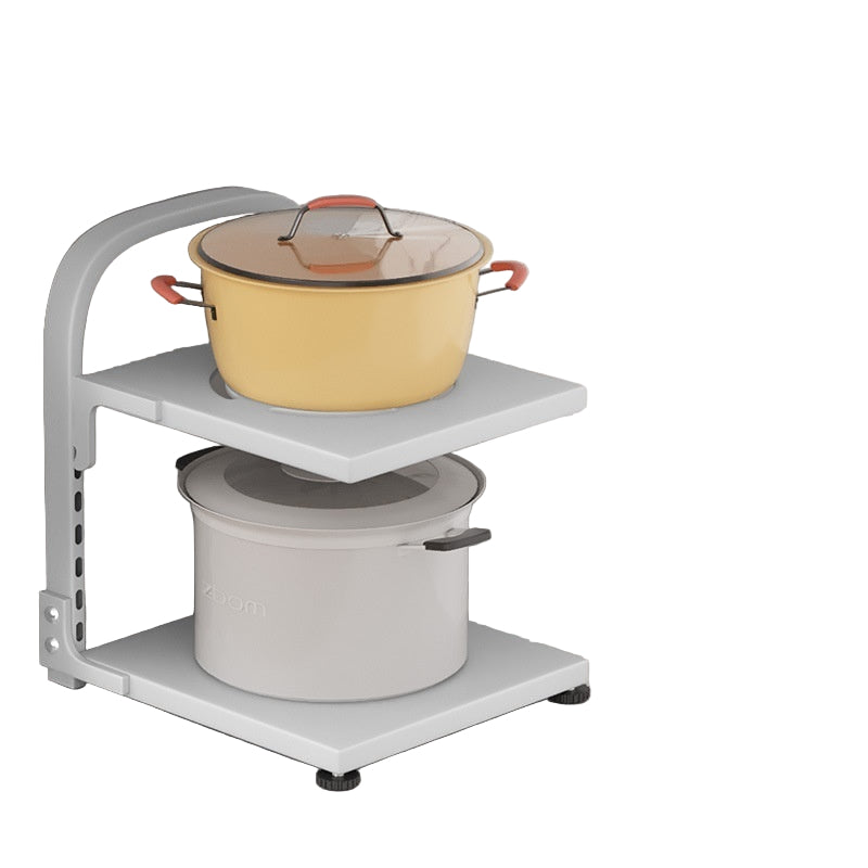 Two-layer kitchen shelf with pots on a countertop, featuring adjustable feet and applicable scenarios.