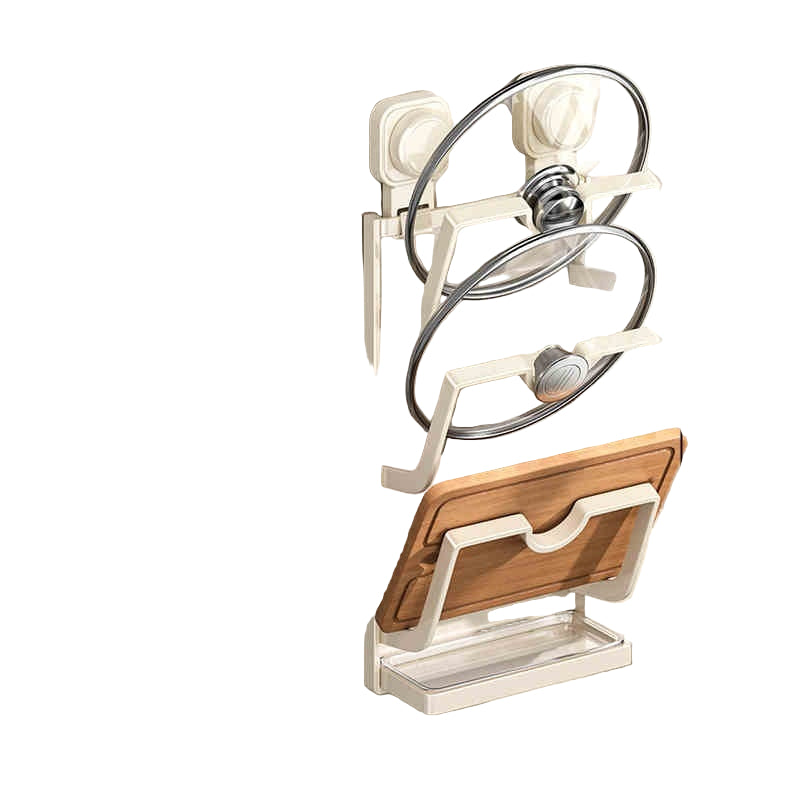 Wall-mounted kitchen organizer with measurements and features on a tiled wall background