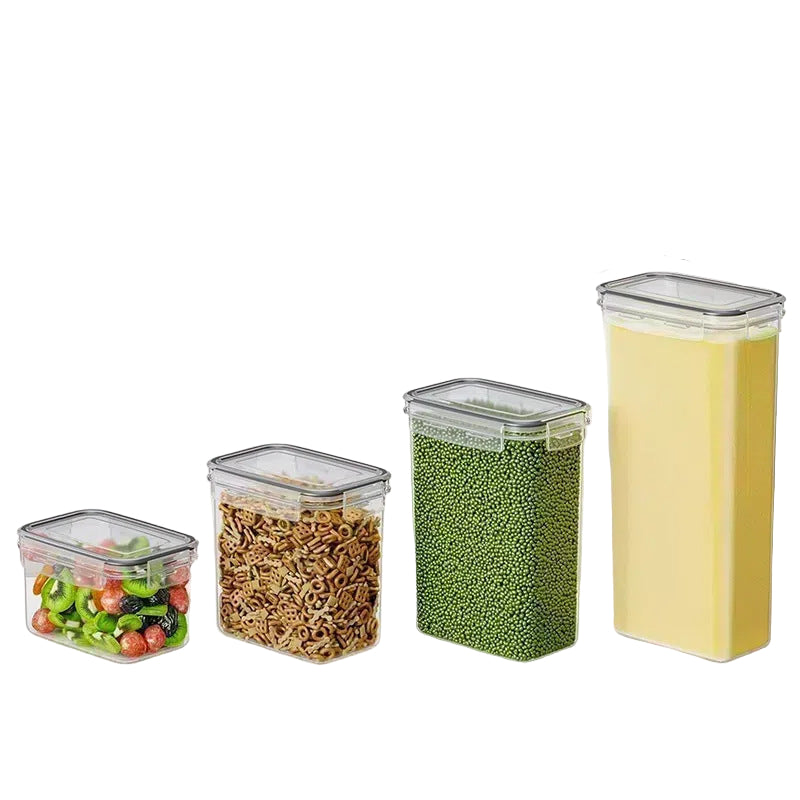 Four different sizes of storage containers with measurements and contents on a white background
