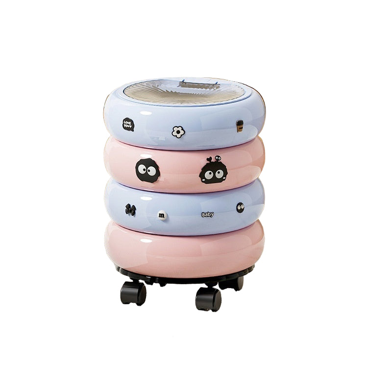 Stackable donut-shaped trash can with wheels and cover, shown in blue and pink, on a wooden floor.