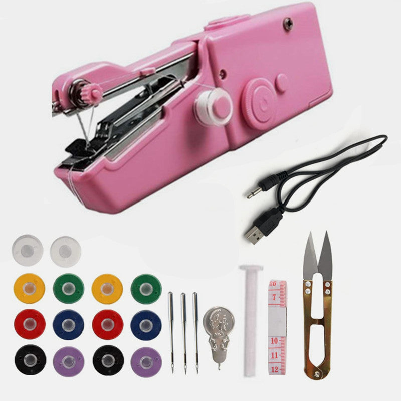 Pink handheld sewing machine with accessories on a white background