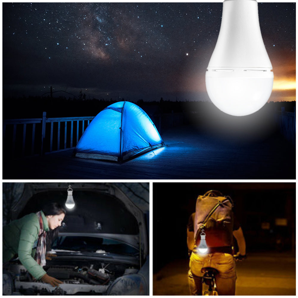 Collage of a camping scene with a tent, a light bulb, and people using a light source.