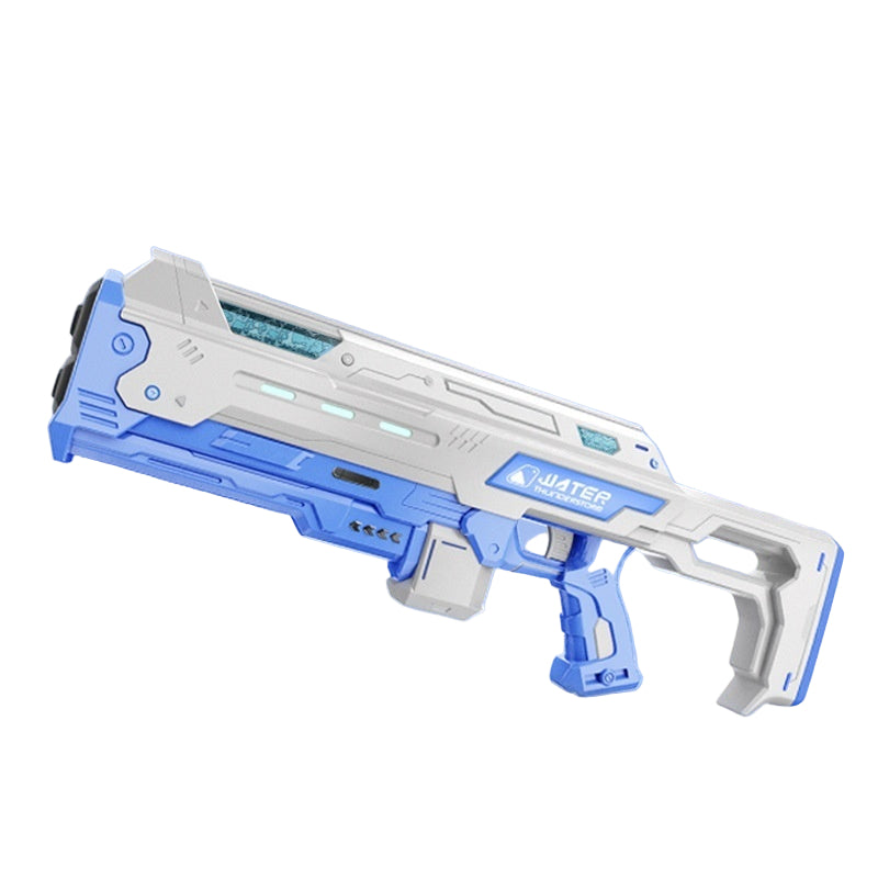 Toy water gun with blue and white design on a matching background