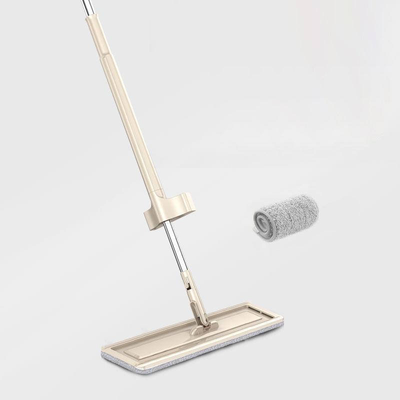 Mop with a flat cleaning pad and a roller head on a light gray background