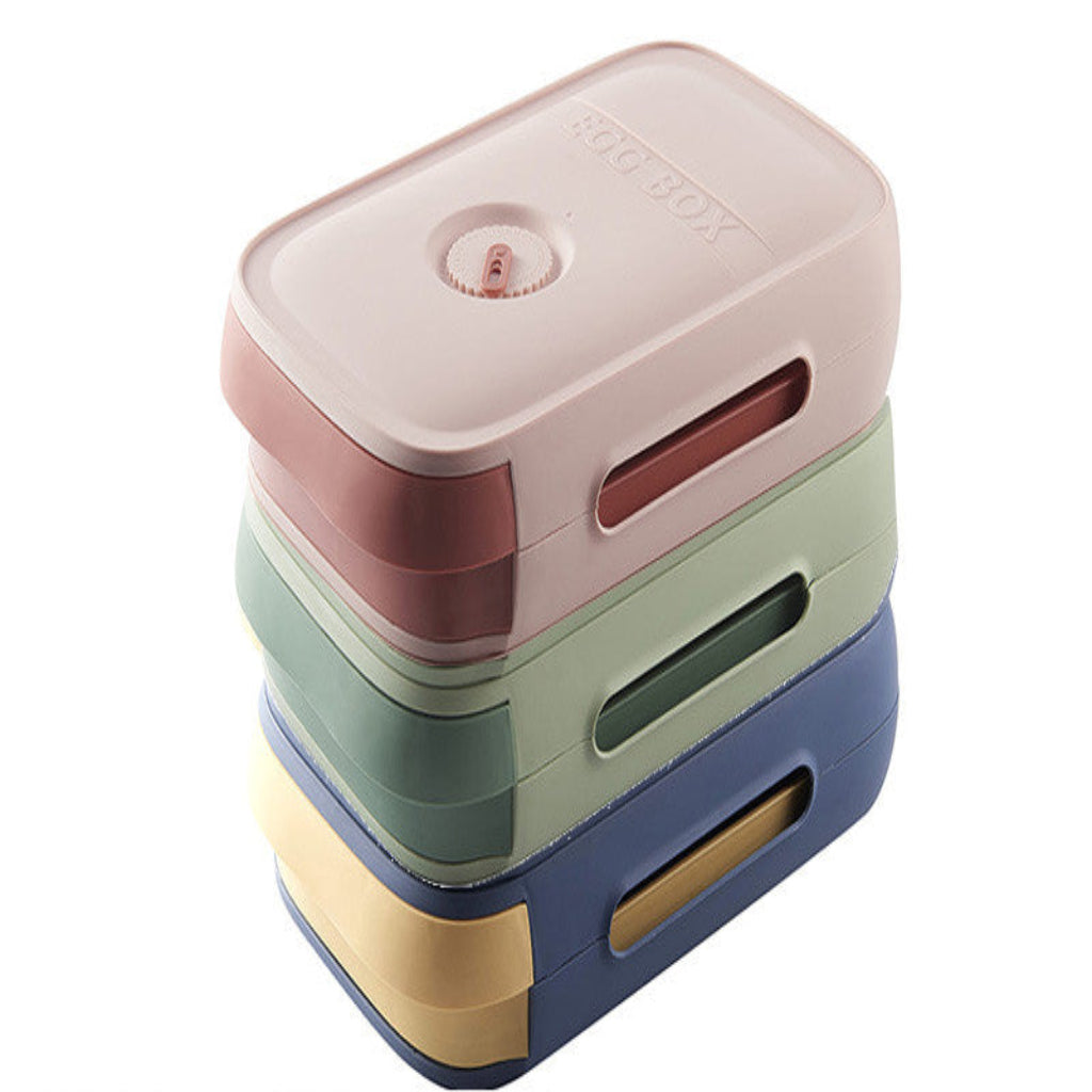 Stack of colorful rectangular containers on a white background