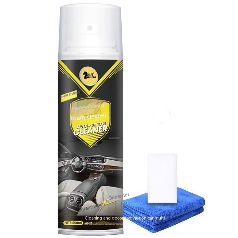 Car cleaning spray bottle with sponge and towel on a white background