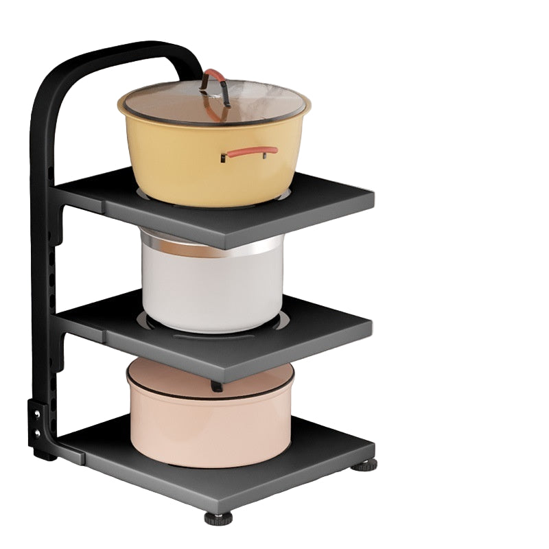Three-layer storage rack with pots on a neutral background, featuring adjustable feet and applicable scenarios.