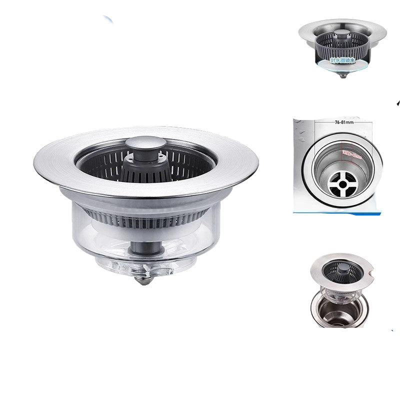 Sink strainer with dimensions and features highlighted on a white background