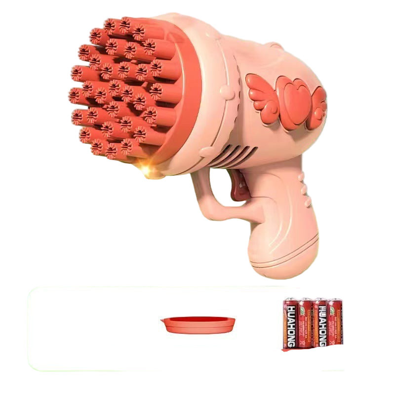 Pink and red bubble gun with accessories on a green and blue gradient background