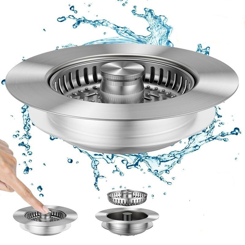 Stainless steel sink drain with water splashes and promotional text on a white background