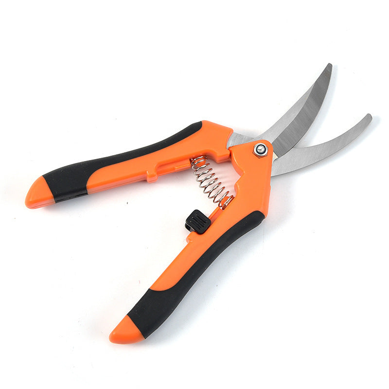 Gardening shears with orange and black handles on a white background