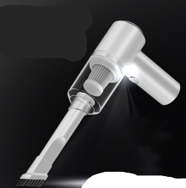 Handheld vacuum cleaner with power specifications on a dark background