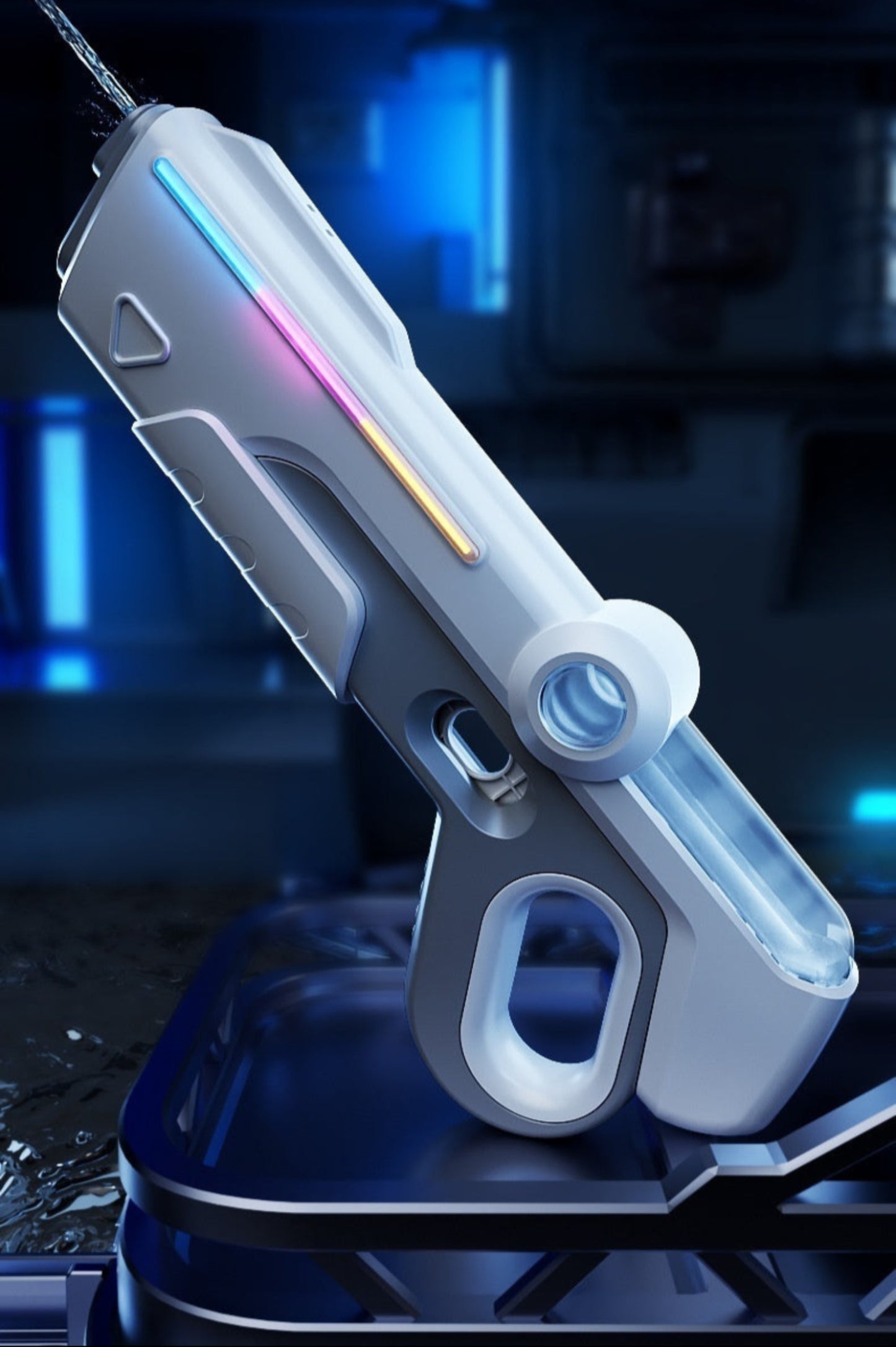 Futuristic water gun with sci-fi design on a dark background