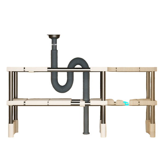 Retractable kitchen shelf system with pipes underneath a cabinet, suitable for various cabinets.