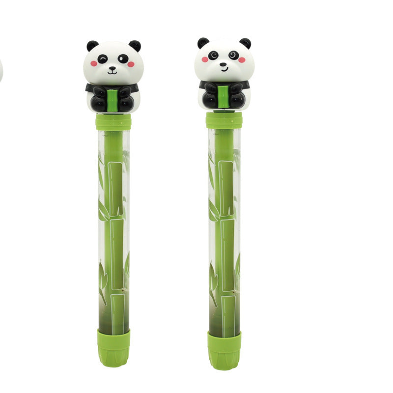 Two cartoon panda character pens with green bamboo design on a white background