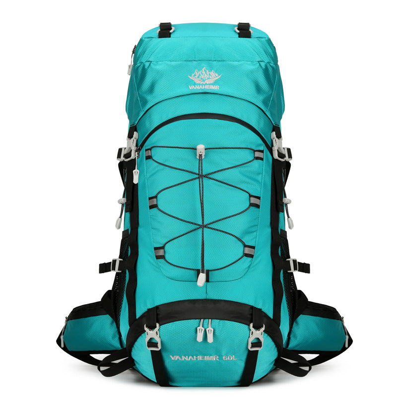Teal backpack with black straps on a white background