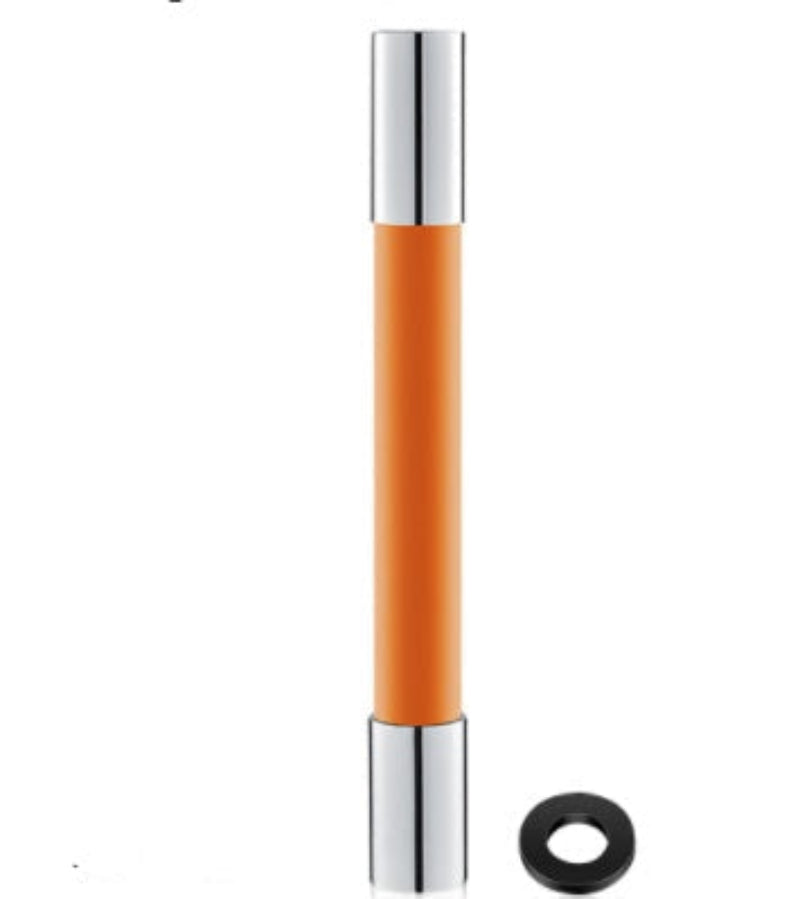 Orange and silver cylindrical object with a black ring on a white background