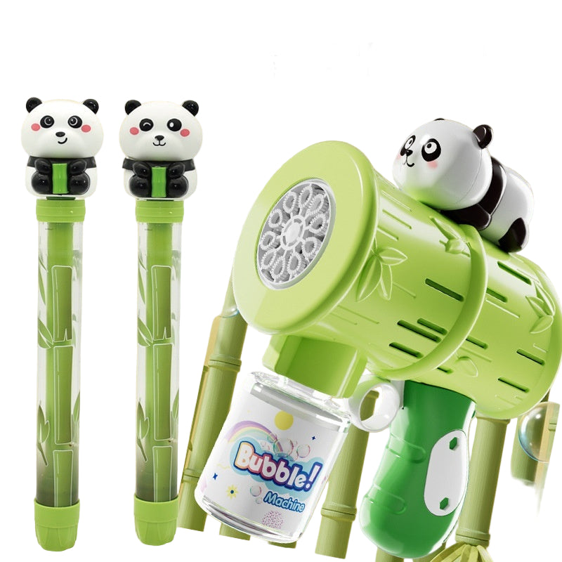 Green water cannon and bubble gun with panda design on a beige background