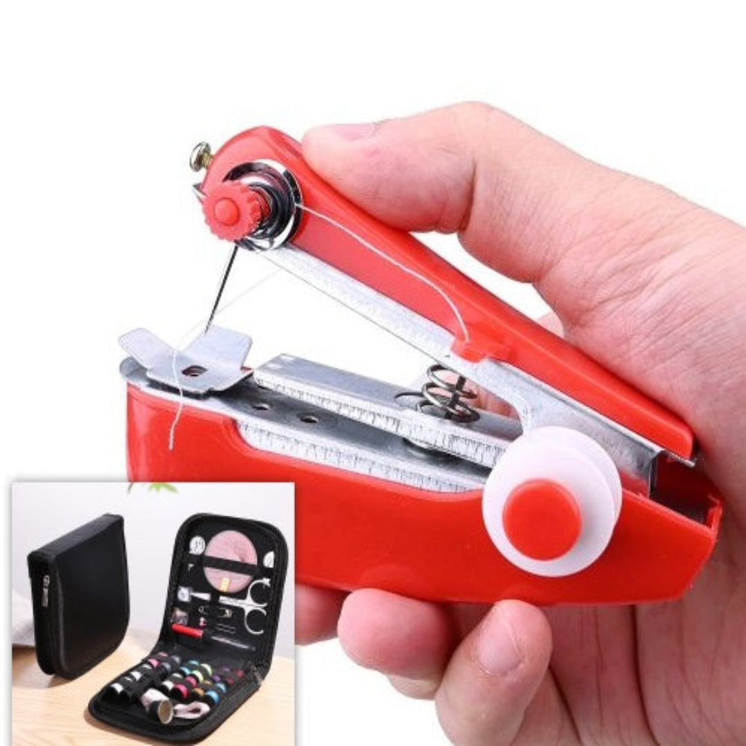Red handheld sewing machine held by a hand with an inset showing a black case containing sewing tools.