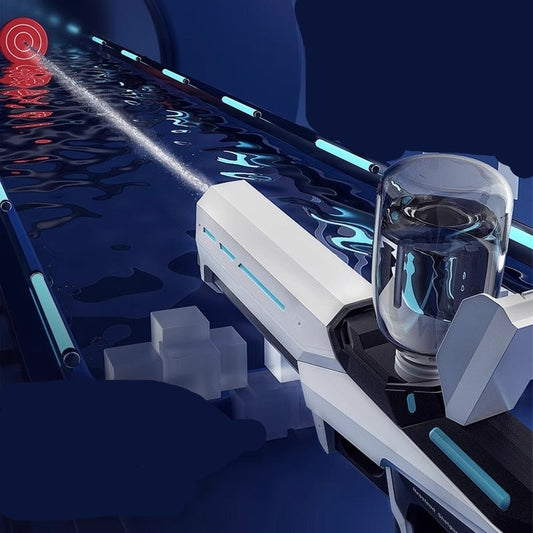 High-tech device with a lens and water effect, labeled '10M' on a blue background.