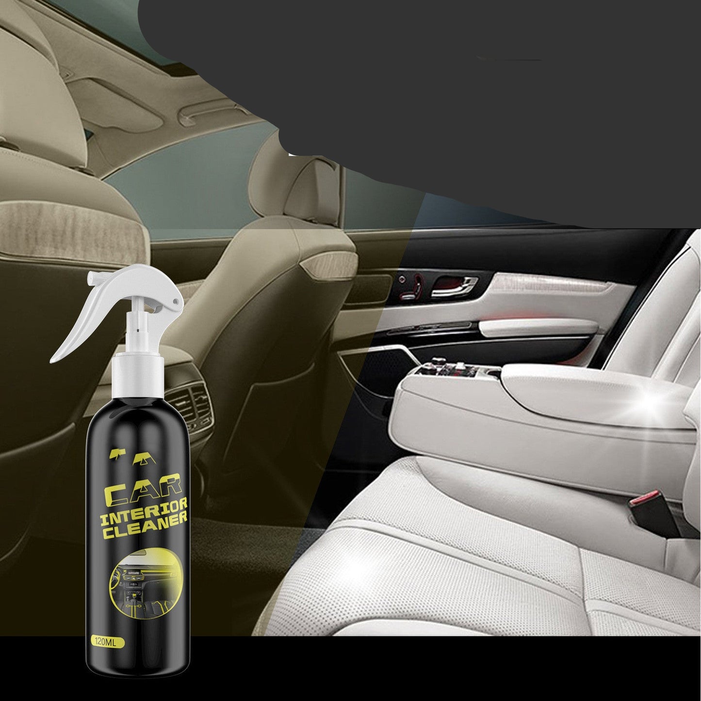 Car interior cleaner spray bottle with text on car interior background