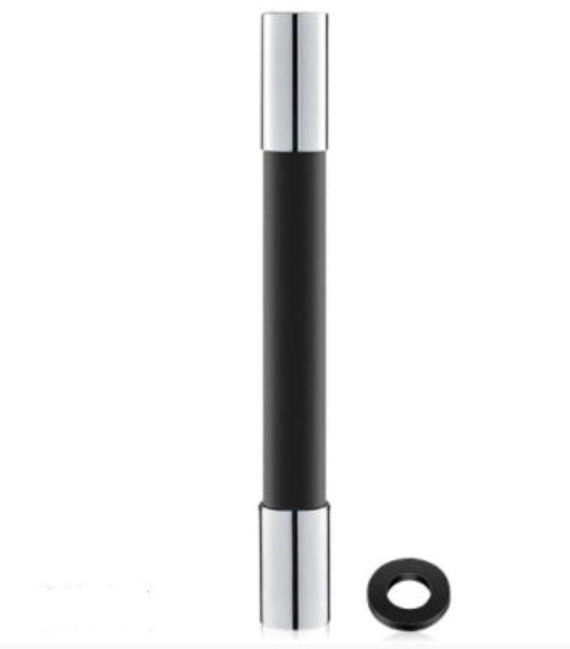 Black and silver cylindrical object with a smaller black ring on a white background