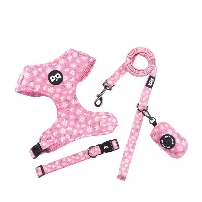 Pink floral dog harness, leash, and remote on a white background with 'Daisy powder' text.
