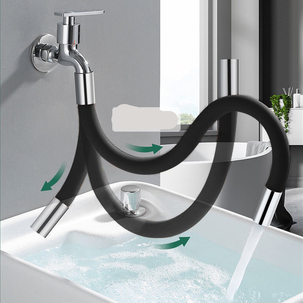 Bathroom faucet with black hose and 360-degree rotation feature on a sink.