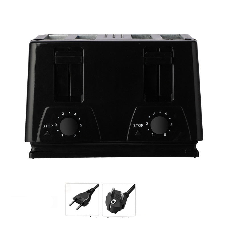Black toaster with control knobs on a white background