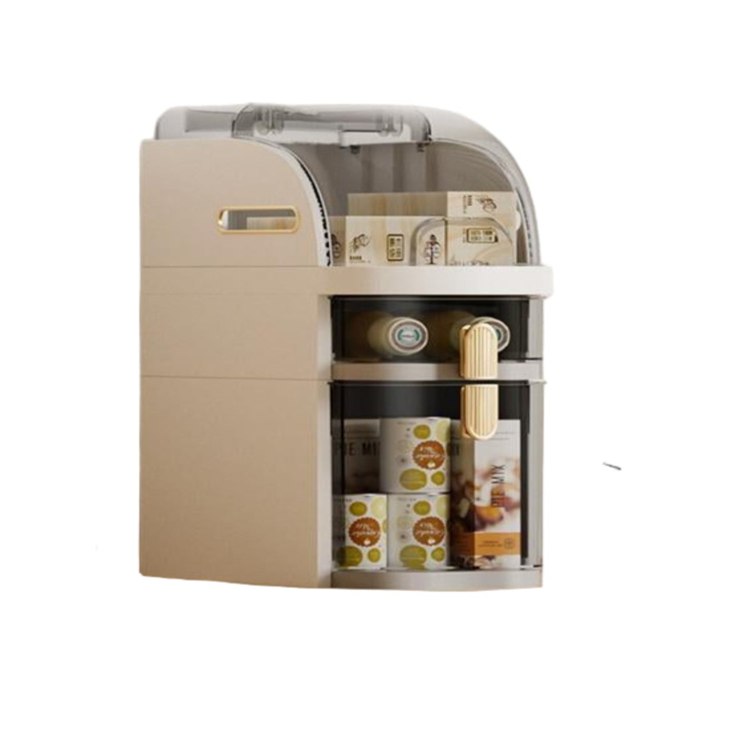 Two-layer storage cabinet with dimensions and features on a white background