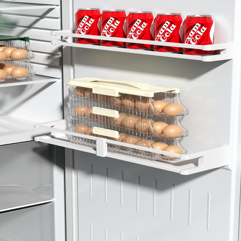 Fridge with egg holder and cans of Cola on a shelf