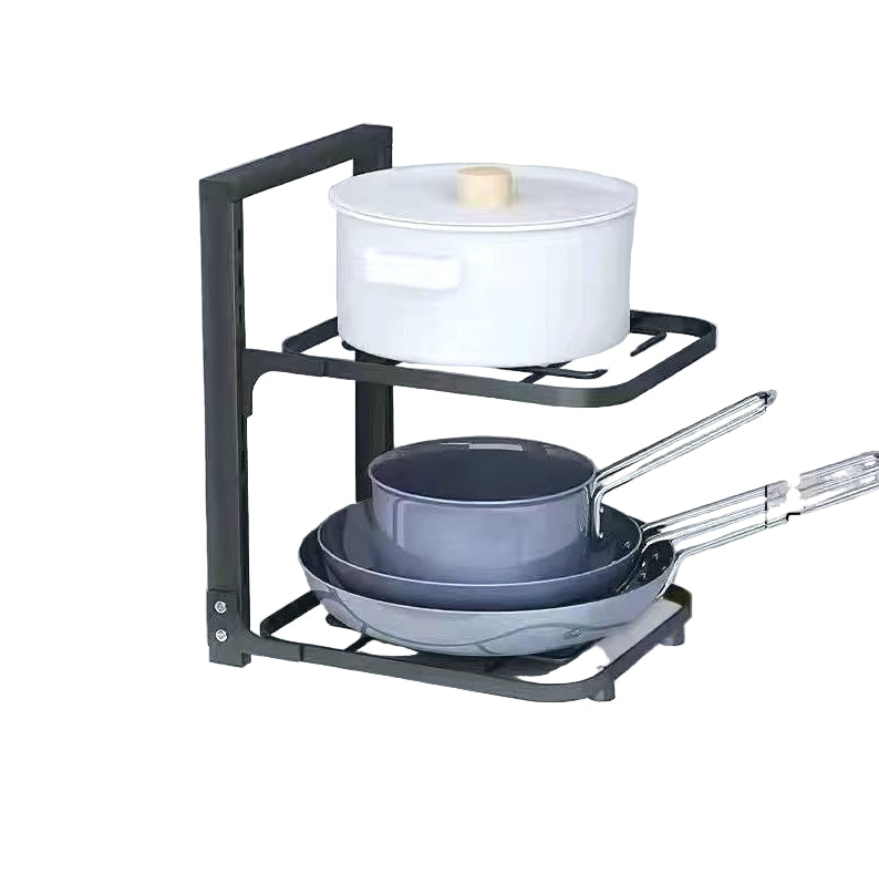 Two-layer kitchen rack with pots and pans, showing dimensions and adjustable floor height.