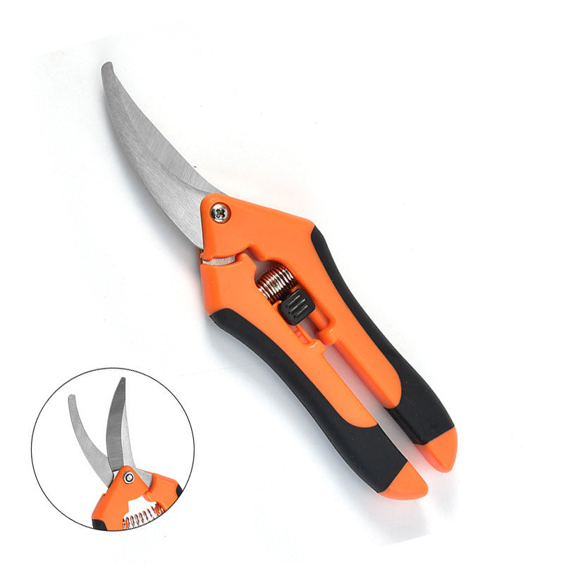 Gardening shears with orange and black handles on a white background