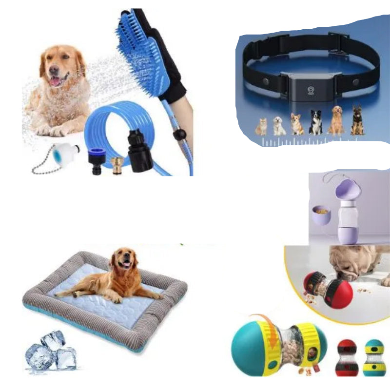 Pet care bundle with various products including a collar, water hose, and toys on a white background.