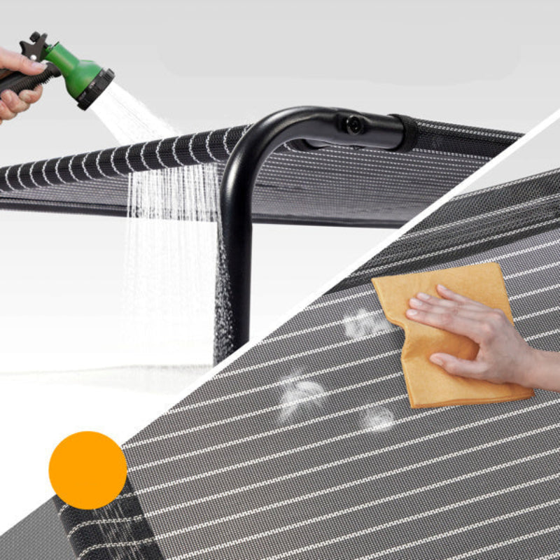 Cleaning a mesh surface with a water spray and cloth, labeled 'Easy to Clean'.