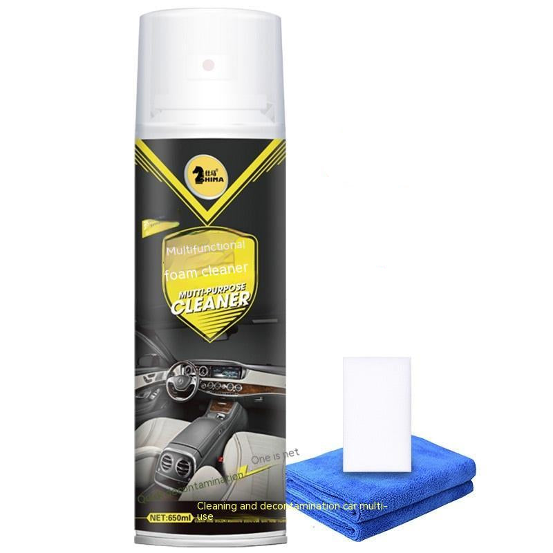 Multifunctional foam cleaner spray bottle with sponge and towel on a white background