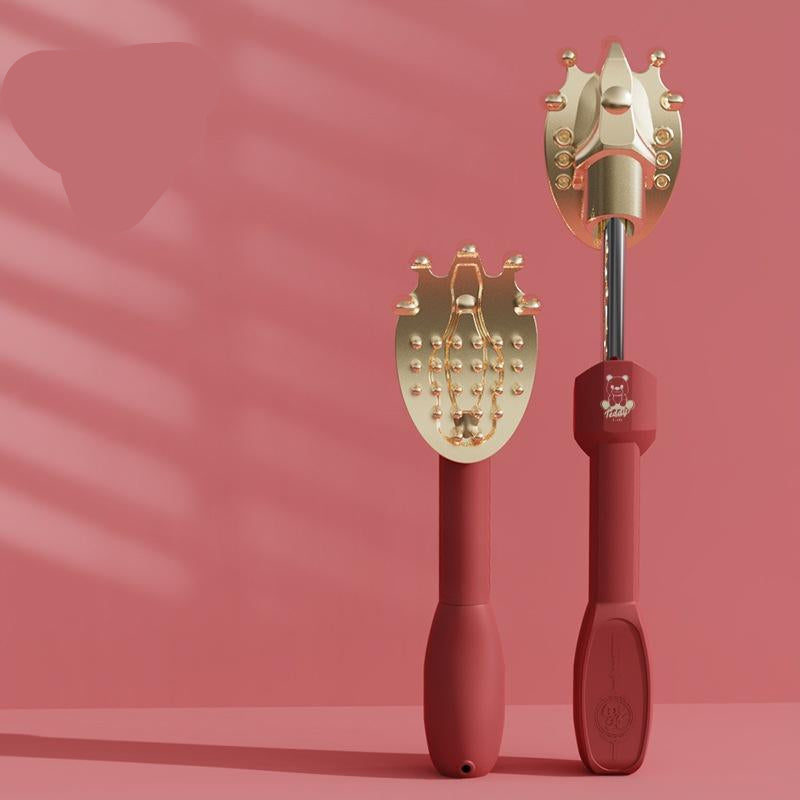 Two red tools with gold tops on a pink background